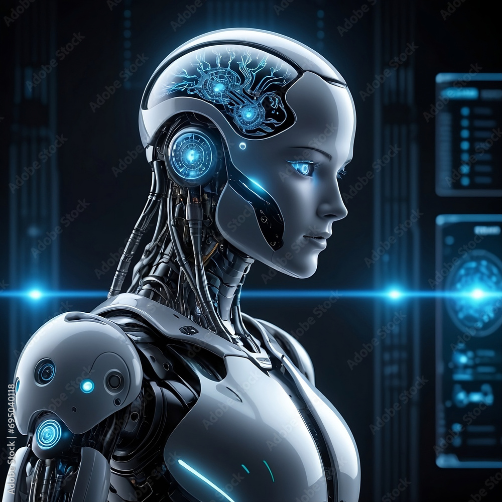 AI robot interaction with virtual holographic display and cybernetic security 3D artificial intelligence. Ai generated AI robot interaction with virtual holographic display and cybernetic security 3D artificial intelligence. Ai generated