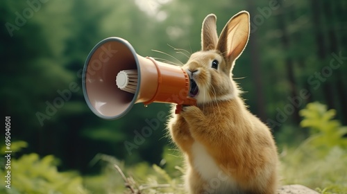 Rabbit announcing using hand speaker. Notifying, warning, announcement