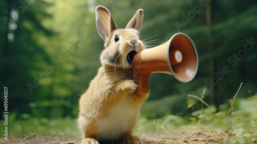 Rabbit announcing using hand speaker. Notifying, warning, announcement