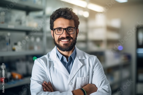Young man with beard wearing white lab coat and glasses working at scientist laboratory happy face smiling confident with crossed arms looking at the camera.