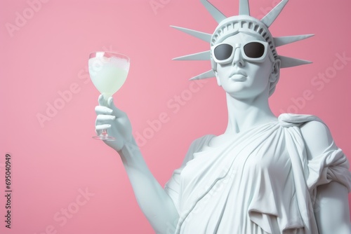 Statue of Liberty with a glass of champagne on a pink background