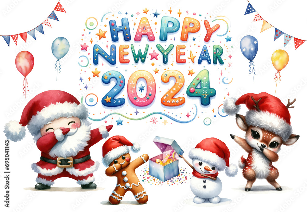 Happy new year 2024 with Santa Claus, gingerbread, reindeer and snowman, doing the Dab dance, on white background with clipping path include