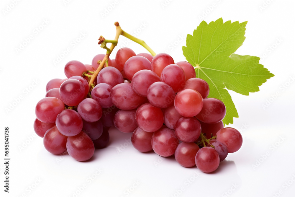 grapes red bunch, one with green leaves, isolated on white background selective focus