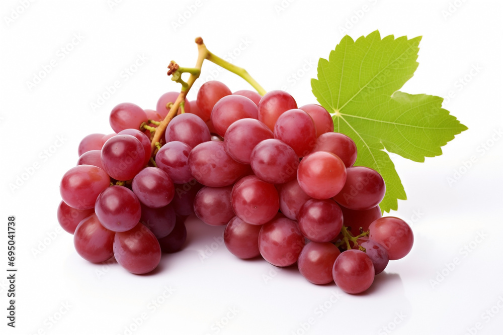 grapes red bunch, one with green leaves, isolated on white background selective focus grapes red bunch, one with green leaves, isolated on white background selective focus