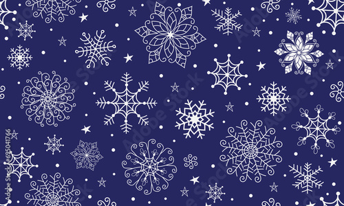 Christmas vector seamless bicolor handwork pattern with stars and white snowflakes on dark blue background