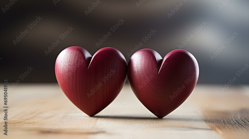 Fototapeta premium Close up of two burgundy Hearts on a wooden Table. Blurred Background