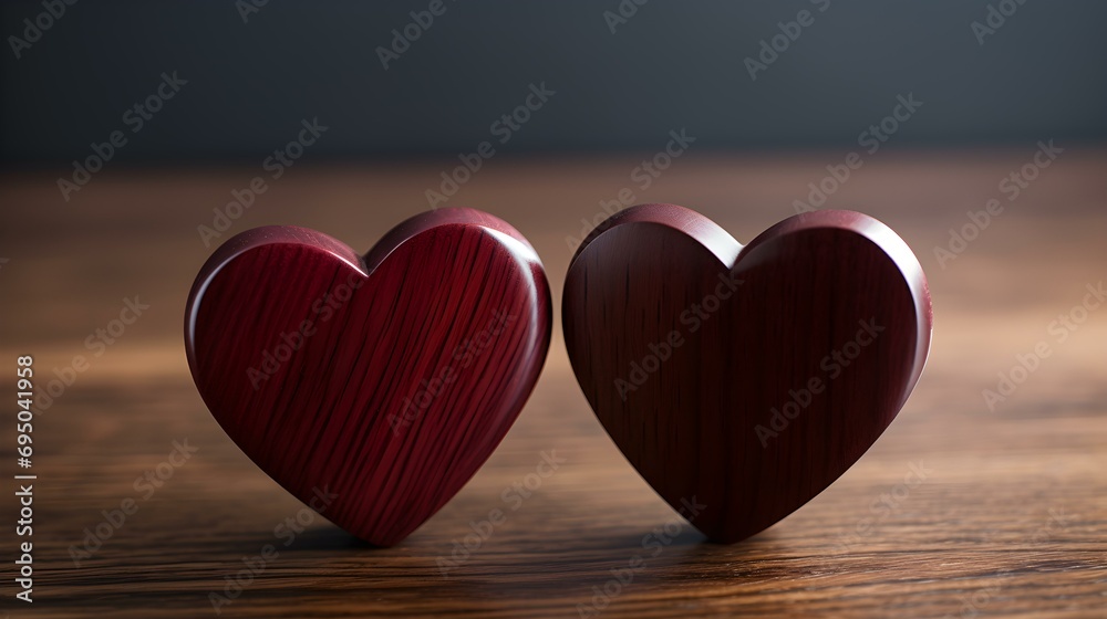 Fototapeta premium Close up of two burgundy Hearts on a wooden Table. Blurred Background