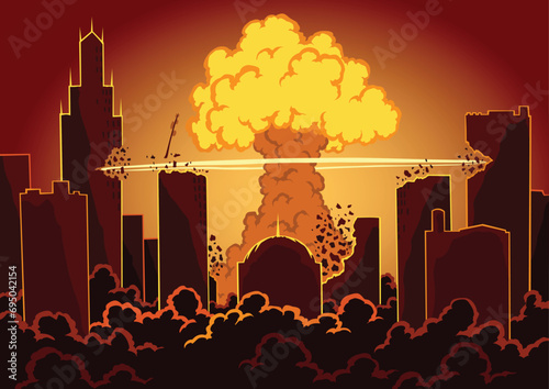 Big explosion in the city. War and damages after big explosion in the city. Urban landscape with burn sky after atomic bomb