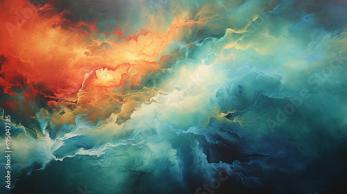 An abstract depiction of a storm, with vibrant colors and dynamic shapes conveying the emotional turbulence of the natural phenomenon.