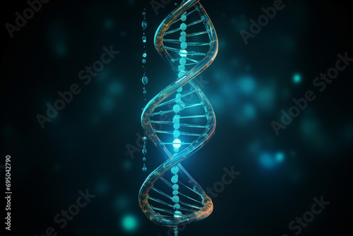 fictional abstract structure of DNA molecule from turquoise transparent elements on dark background
