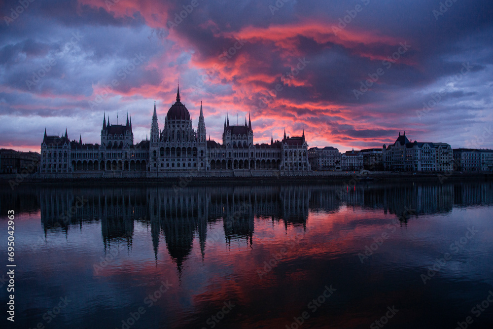 The parliament building of Hungary at sunrise.