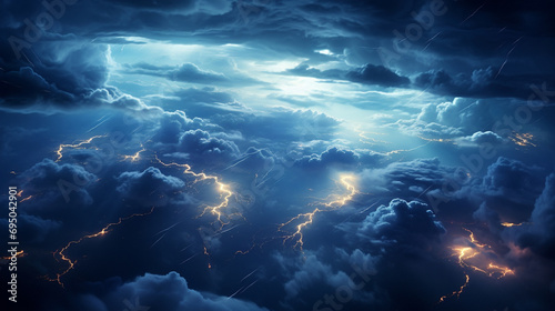 An aerial view of a thunderstorm from above the clouds, capturing the intricate patterns of lightning illuminating the storm's heart.