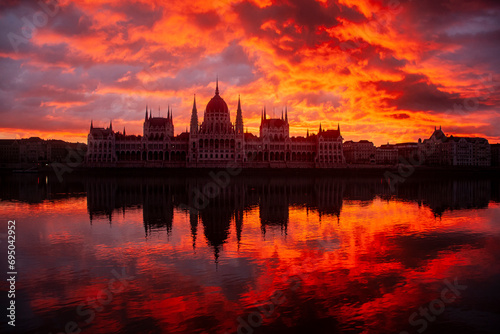 The parliament building of Hungary at sunrise.