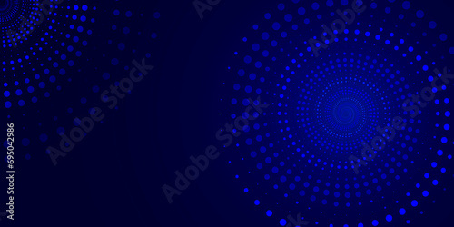 Abstract blue background with a series of dots from small to large twisted in a spiral for presentations, web design on a technological theme.