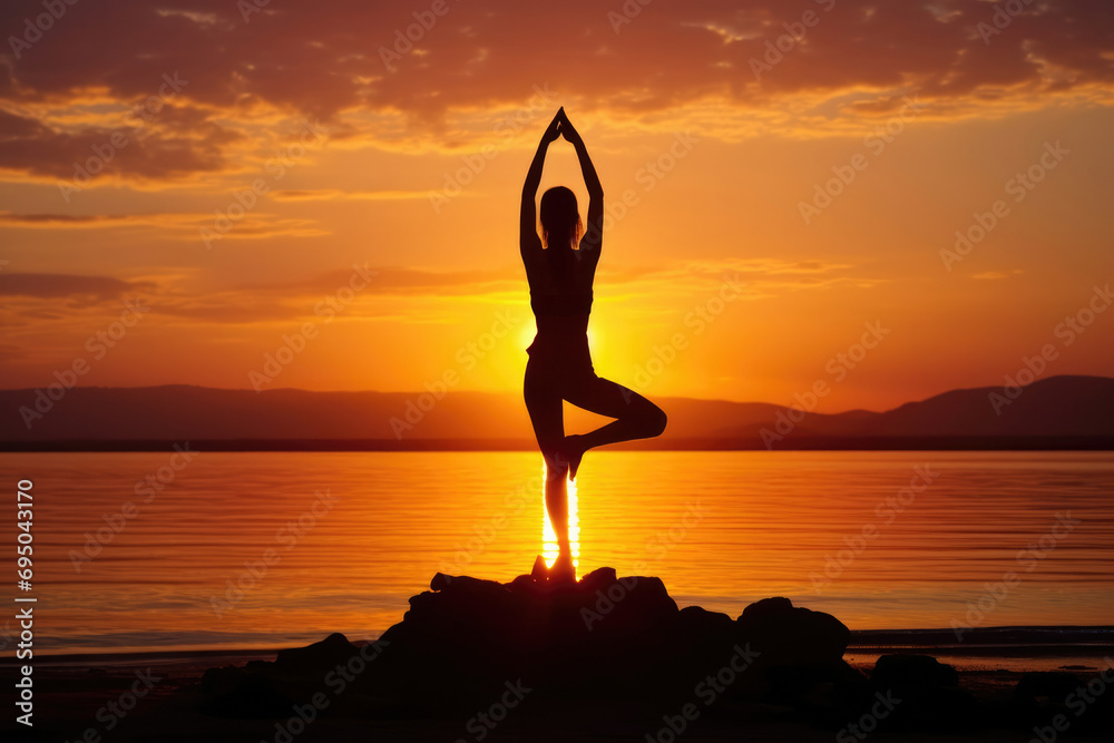 Exercise woman sea female yoga healthy fitness pose nature sunset silhouette meditation relaxation
