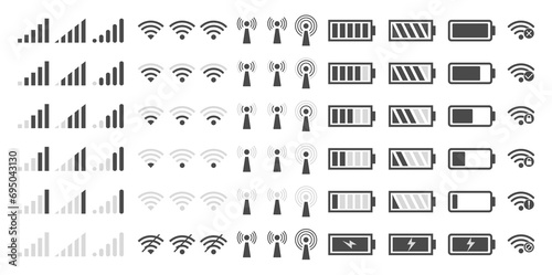 Phone signal WIFI and battery icons. Vector mobile interface top bar icon set for network signals and telephone charge levels status