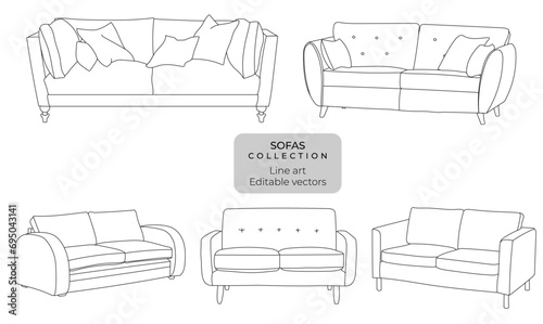 sofa hand drawn illustration, couch vector drawing two seater outline editable sketch photo