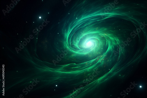 abstract green spiral cosmos object pulsar in dark space among stars