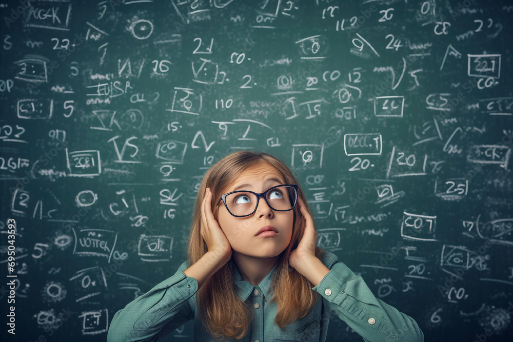 Young girl in glasses with a thoughtful face against the backdrop of a green school board with formulas, education concept