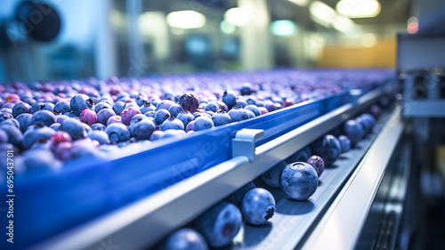 Clean and fresh blueberries tape in the food industry, products ready for automatic packaging.  photo
