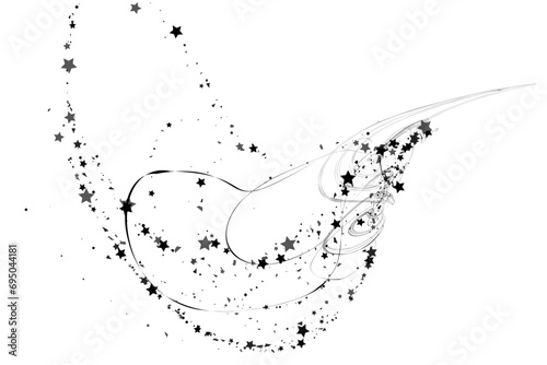 Confetti stars and pencil strokes. The stars fly along the trajectory of the lines. Black, white colors. Festive background. Vector illustration