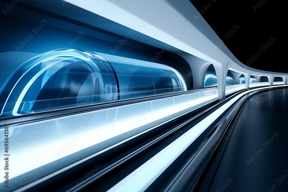 Hyperloop train, background of a magnetic levitation train, Hyperloop mass transit with in a vacuum, The fastest train transportation in the future, High speed rail travel