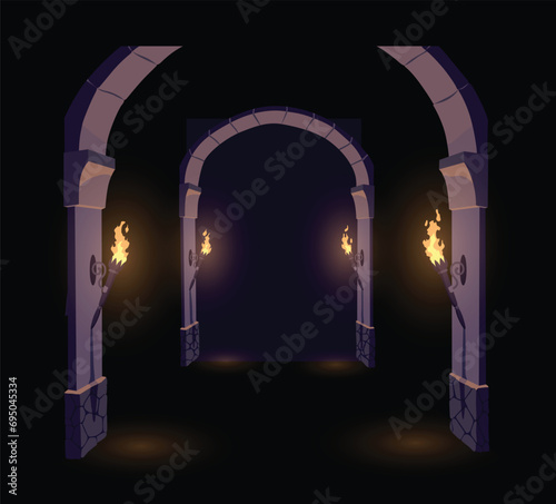 Dark Dungeon. Long medieval castle corridor with torches. Interior of ancient Palace with stone arch. Vector illustration