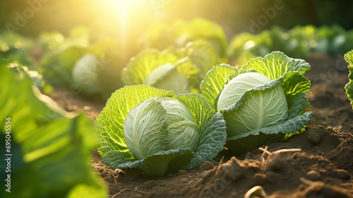 Cabbage farm in harvest season with sunshine and vanilla sky. Created using generative AI.