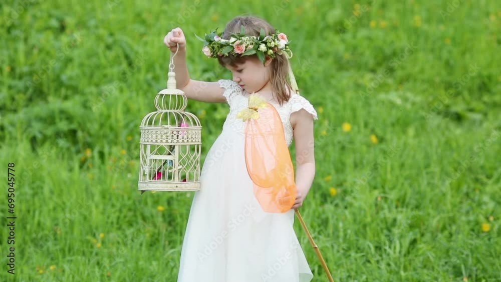 Little girl in white stands with butterfly net and coop Little girl in white stands with butterfly net and coop