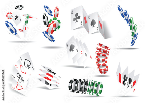 Playing card and chips poker game elements in 3D realistic design set. Vector aces hearts and spades, clubs and diamonds. Leisure hobby entertainment gambling game objects, red and black suits