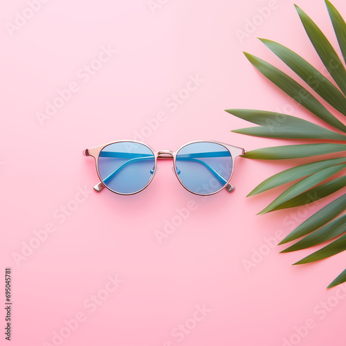 **painted suglassess pastel pink and blue background with copy space. Tropical summer concept. Minimal flat lay.
