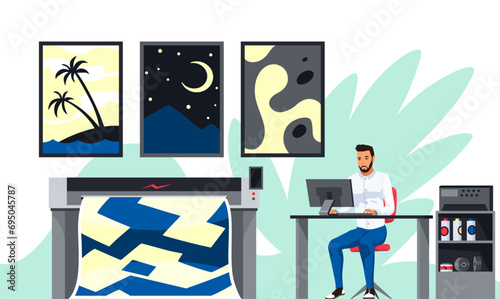 Equipment for advertising agency. Typography workflow. Polygraphy printing. Printer prepress. Printing publishing document. Print shop services, printing process