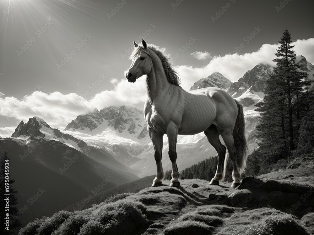 Słońce świeci na niebie, a srebrny koń pojawia się w górskim pejzażu, utrwalony na czarno-białym zdjęciu. Dumnie stoi w objęciach oświetlonego słońcem górskiego lasu, gdzie południowe promienie rz - obrazy, fototapety, plakaty 