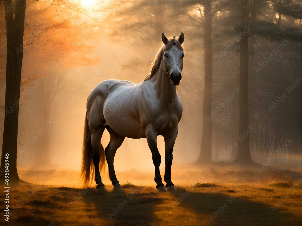 W łagodnym blasku wschodu słońca, przepiękny srebrny koń wyłania się z porannej mgły, kąpany w ciepłych odcieniach wznoszącego się słońca, tworząc zapierający dech w piersiach obraz. - obrazy, fototapety, plakaty 