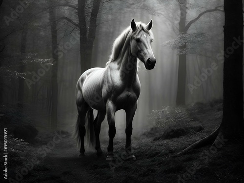 W mglistym blasku księżycowego światła, piękny srebrny centaur góruje w urokliwym lesie na enigmatycznym czarno-białym zdjęciu.