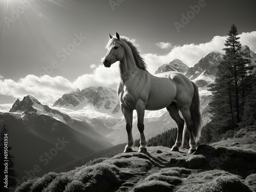 Słońce świeci na niebie, a srebrny koń pojawia się w górskim pejzażu, utrwalony na czarno-białym zdjęciu. Dumnie stoi w objęciach oświetlonego słońcem górskiego lasu, gdzie południowe promienie rz