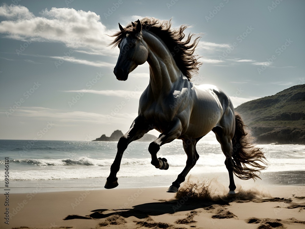 W blasku południowego słońca srebrny centaur pięknie prezentuje się na wybrzeżu, oczarowując zgraniem z potężnym koniem i delikatnym pluskiem fal. - obrazy, fototapety, plakaty 