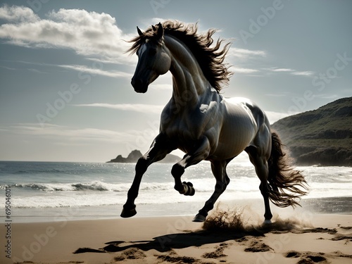 W blasku południowego słońca srebrny centaur pięknie prezentuje się na wybrzeżu, oczarowując zgraniem z potężnym koniem i delikatnym pluskiem fal. photo