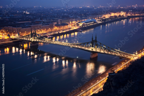 The Liberty bridge in Budapest at night.
