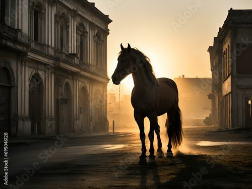 W łagodnym świetle wschodu słońca srebrny koń przemierza opustoszałe ulice, kreując poruszający kontrast między bezżyznością a mityczną energią w opuszczonej miejskiej scenerii o wschodzie słońca.
