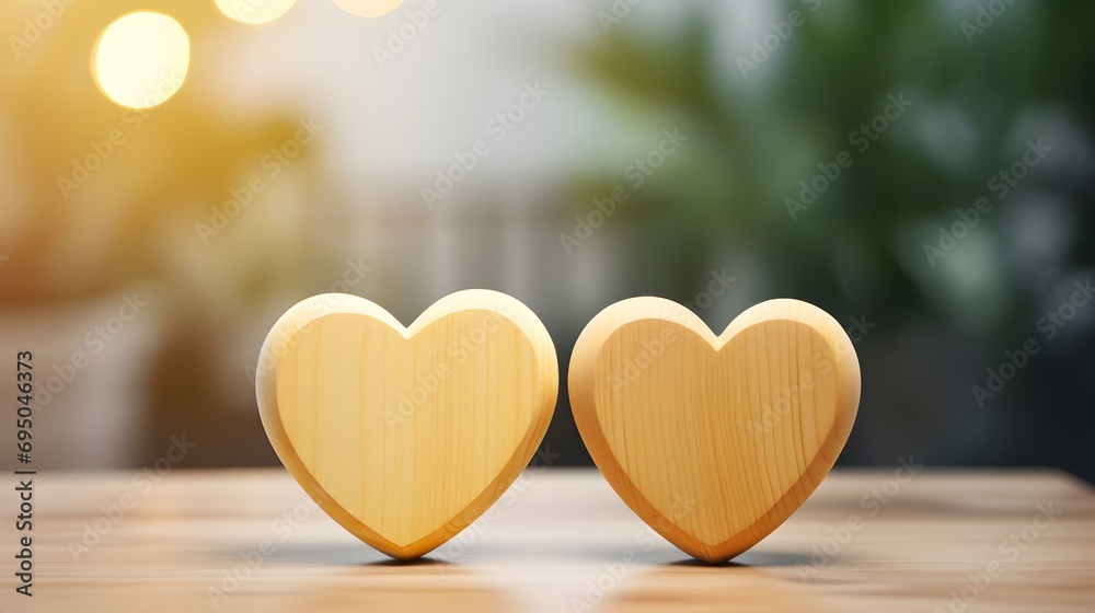 Close up of two light yellow Hearts on a wooden Table. Blurred Background Close up of two light yellow Hearts on a wooden Table. Blurred Background