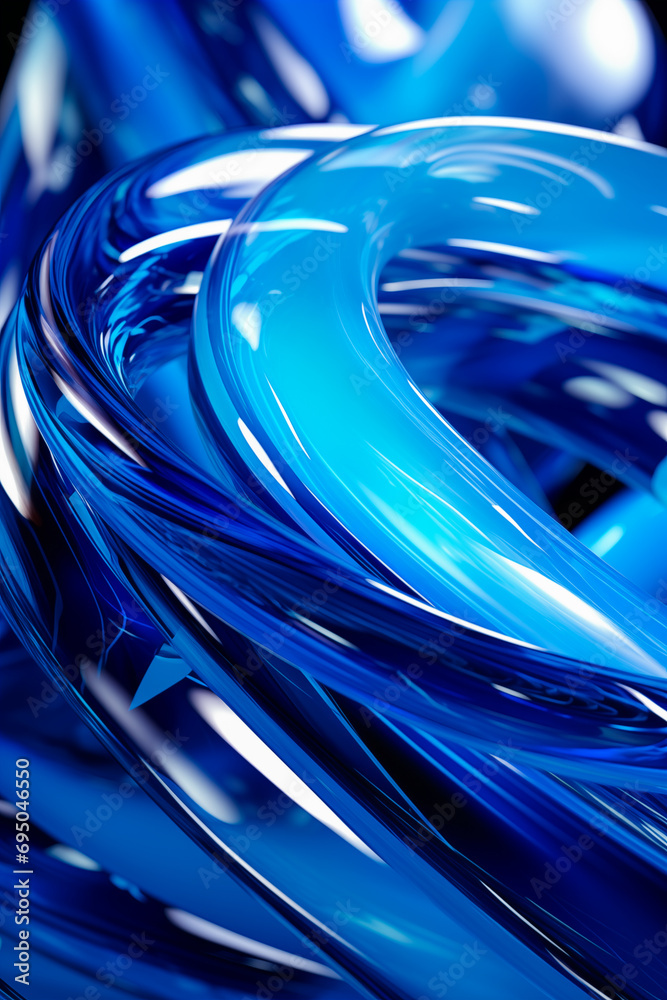 Abstract geometric blue background with glass spiral tubes, flow clear ...