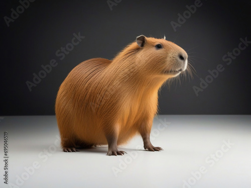 Capybara on a gray background, studio shot, side view. AI.