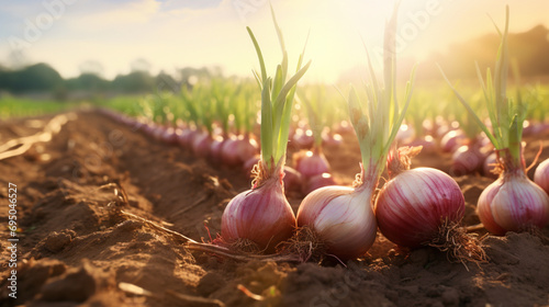 Full bloom onion organic farm in the morning with sun rise. Created using generative AI. photo