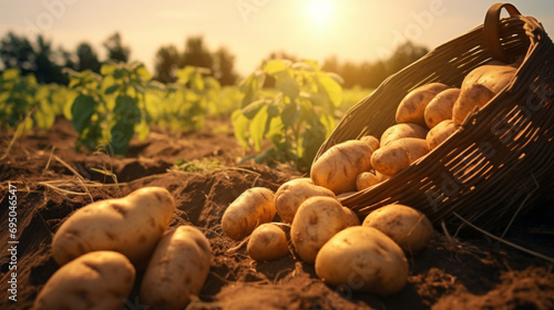 Potato basket in the farm and harvest season with sunshine and vanilla sky. Created using generative AI. photo