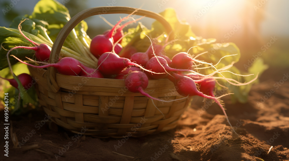 Basket of Ripe harvested radish in the plantation with the sun rays in harvesting time. Created using generative AI. - obrazy, fototapety, plakaty 
