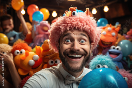 A person with a balloon animal hat hosting a laugh-filled party, where balloon animals tell the jokes and everyone bursts into giggles. Generative Ai.