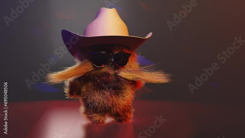 Fluffy character in a cowboy hat dancing. Endless animation photo