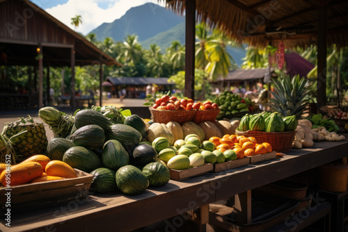 A lively farmers' market showcasing an array of fresh, locally grown produce from the Hawaiian islands. Generative Ai. photo