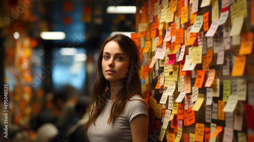 Women office worker stands against a wall with stickers reminders